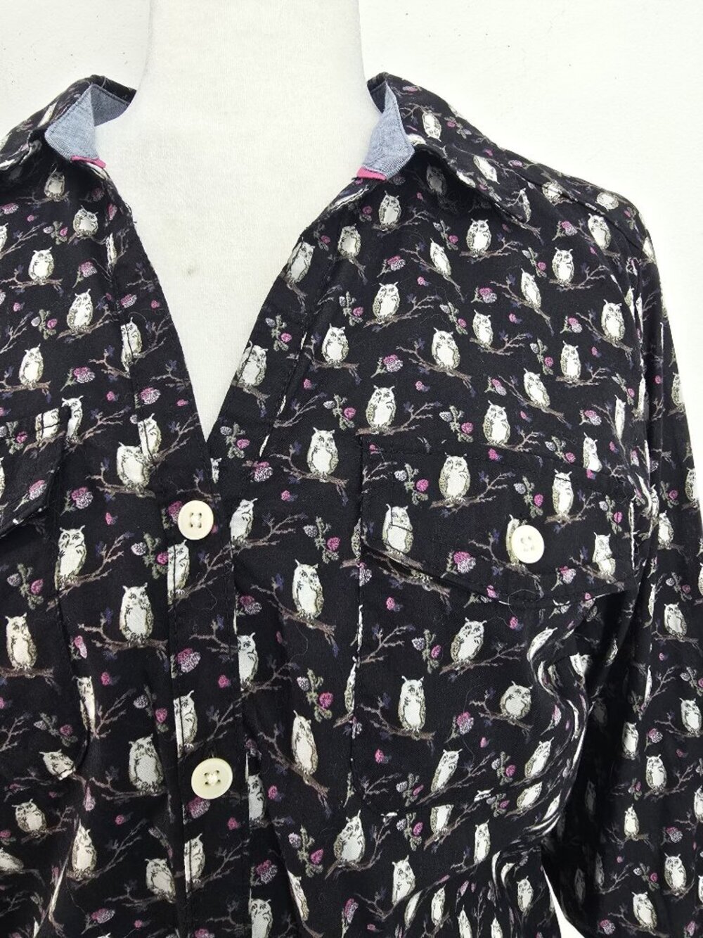 Vintage Croft & Barrow Owl Print Button Front Roll Tab Shirt Women Size M Harry
